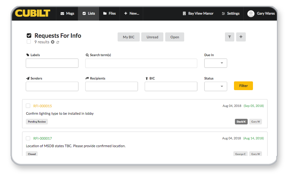 Filtering and Managing RFI Lists